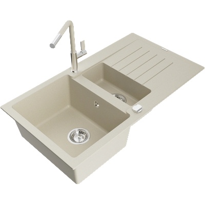 Mexen Matias гранитна мивка 1, 5-камерна с отцеждане и кухненски батерии Flora, бежова - 6502-69-670401-09 (6502-69-670401-09)