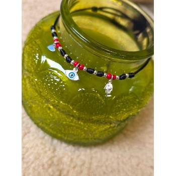 Kathryn' s bracelets Мистична гривна „Защита и Любов - Черен конец, сребърни талисмани Окото на Назар, Хамса и Сърце (ХАМСА1)