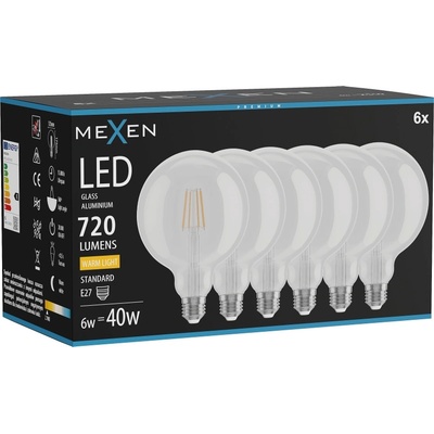 Mexen Vintis 6x LED филаментна крушка E27, G125, 6W, Топла - 2700K, 720 lm, прозрачна (L158-E27-0627-00x06)