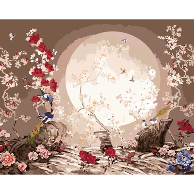 ZUTY Malování podle čísel JAPONSKO MĚSÍČNÍ KRAJINA S PTÁČKY 40 x 50 cm