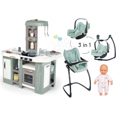 Smoby Set kuchynka elektronická s bublaním Tefal Studio Kitchen XL Bubble 360° a jedálenská stolička s autosedačkou a hojdačkou s 32 cm bábikou