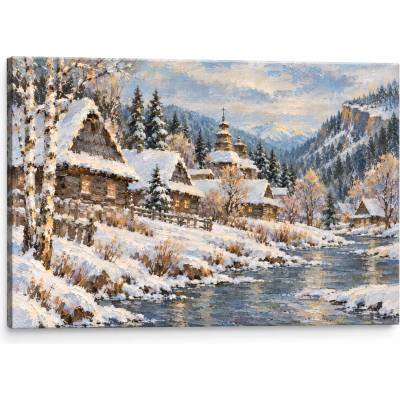 Papilora Obraz oravských dreveníc v zime na plátne – s ručne maľovanými detailmi - 60x40 cm