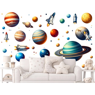 Nalepte.cz Vesmírne raketky textilní prelepiteľné nálepky na stenu list 46 x 29 cm