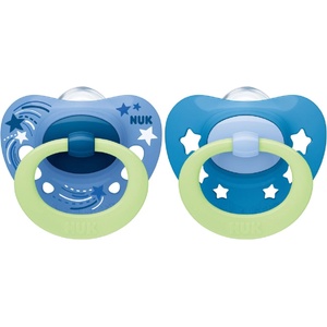 Nuk Силиконови залъгалки NUK - Signature Night, Сини с кутия за стерилизиране, 0-6 m, 2 броя (10175270-със звезди)