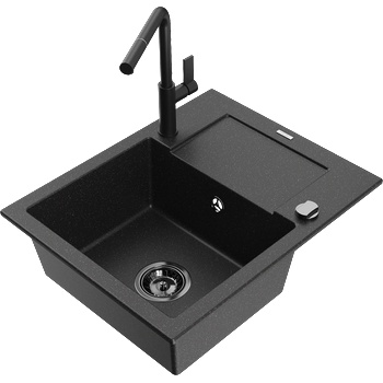 Mexen Enzo гранитна мивка с 1 отделение с отцедник и кухненски смесител Flora, черен/сребърен металик - 6506-73-670401-70-B (6506-73-670401-70-B)