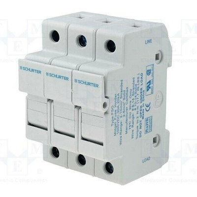 SCHURTER 0091.0003 Zásuvka; 10,3x38mm; na přípojnici DIN; 30A; 600VAC; Póly: 3; póly: 3