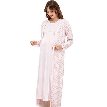 Розов комплект за бременни и кърмачки с точки и дантела