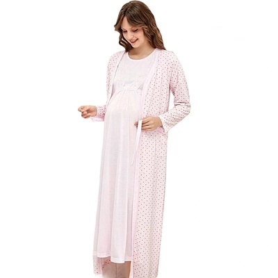 Розов комплект за бременни и кърмачки с точки и дантела