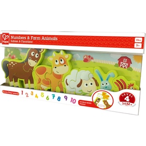 Hape Дървен пъзел, Hape, Числа и селскостопански животни, 10 части (H1628)