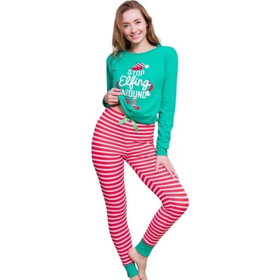 Коледна пижама в зелено и райе с апликация