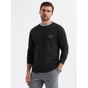 Ombre Clothing Мъжка памучна тениска с дълъг ръкав, U-образно райе деколте и бродерия Ombre Clothing Ombre Clothing | Cheren | МЪЖЕ | S