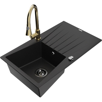 Mexen Cesar гранитна мивка с 1 отделение и отцедник и кухненски смесител Elia, черен - 6514-77-670101-50-B (6514-77-670101-50-B)