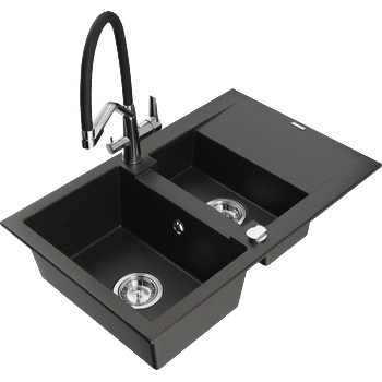 Mexen Gaspar гранитна мивка с 1, 5 камери и отцеждач с кухненски смесител Duo, черно/златист металик - 6507-75-671701-07 (6507-75-671701-07)