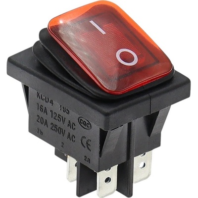 Kolískový vypínač obdĺžnikový s podsvietením KCD4, IP65, 250V/16A Červená