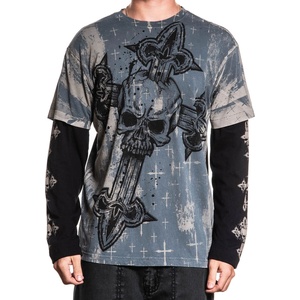 AFFLICTION мъжка тениска с дълъг ръкав affliction - cross 2fer - сиво/черно - a29596-ch