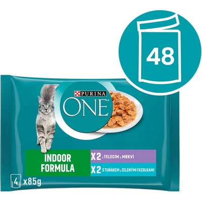 Purina One Indoor mini filetky s tuniakom a zelenými fazuľkami s teľacím a mrkvou v šťave 48 x 85 g
