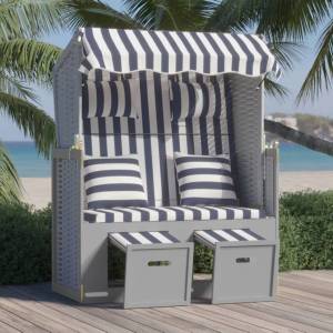 vidaXL Strandkorb с възглавници, полиратан и масивно дърво, синьо/бяло (318660)