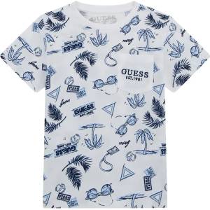 GUESS Бяла тениска с палми и детайли в светло синьо за мини момче Guess