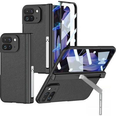 Google Калъф с протектор GKK за Google Pixel 10 Pro Fold - магнитна панта, кожена текстура и стойка, черен, син и бял