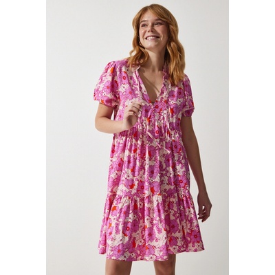 Happiness İstanbul Women's Pink Floral Summer Viscose Flared Dress ružová