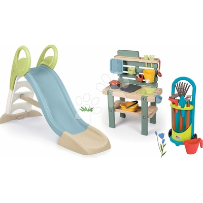 Smoby Set šmykľavka s vodnou hrou a záhradná kuchynka Toboggan GM Slide Life dĺžka šmyku 150 cm a vozík s náradím