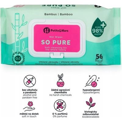Petite & Mars Obrúsky vlhčené SO PURE bambusové bioodbúrateľné Petite&Mars 56 ks