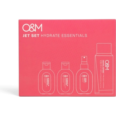 O&M Promo Travel Pack Hydrate 2025 hydratační šampon 50 ml + kondicionér 50 ml + sprej 50 ml + lak na vlasy 100 ml dárková sada