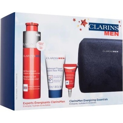 Clarins Men Energizing Essentials подаръчен комплект: гел за лице Energizing Gel 50 ml + почистващ гел за лице Active Face Wash 30 ml + околоочен гел Energizing Eye Gel 3 ml + серум за лице Double Serum Light 0, 9 ml + синя козметична чантичка за мъже