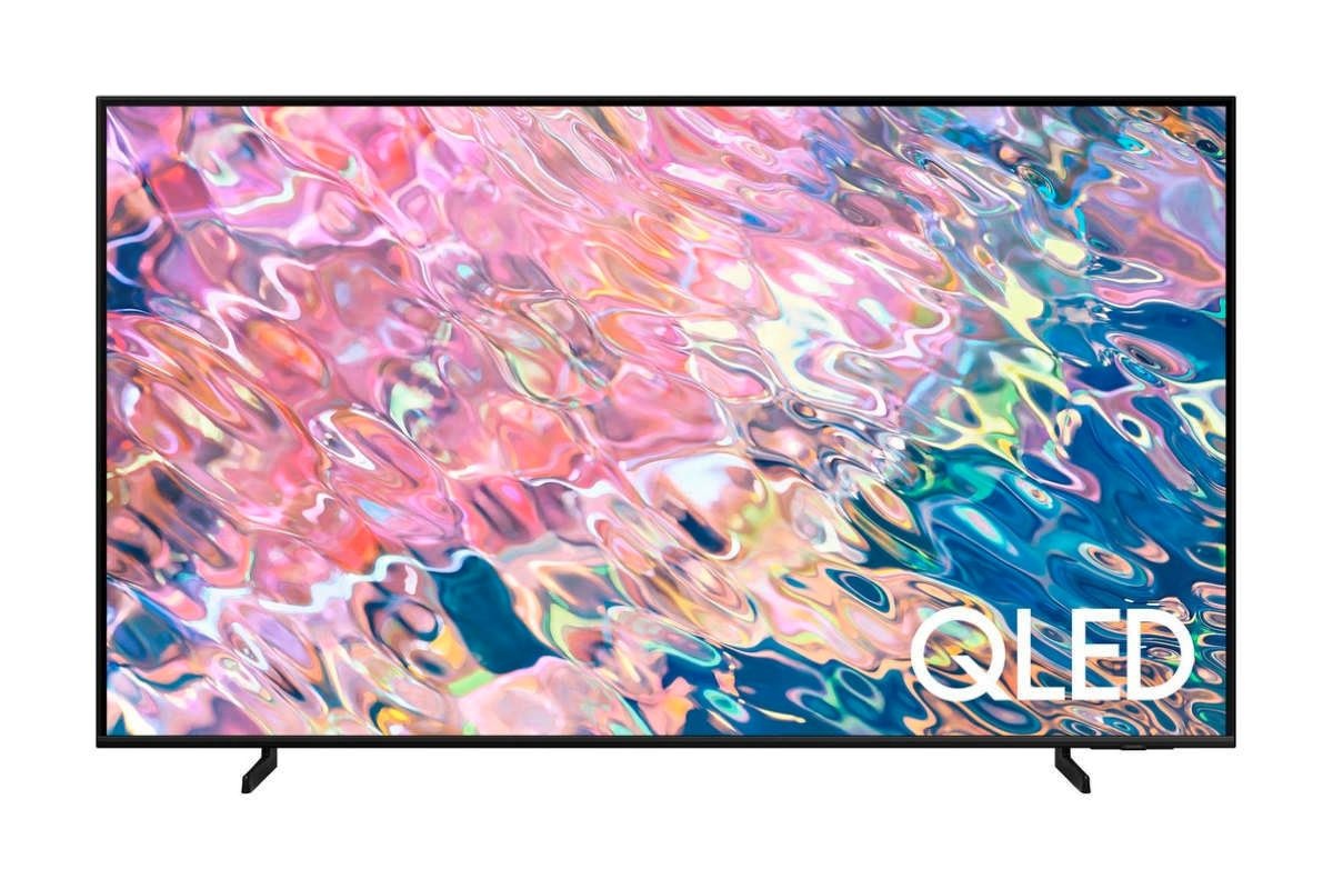 Televizor QLED cu un fundal abstract foarte luminos și bogat în culori de roz și albastru