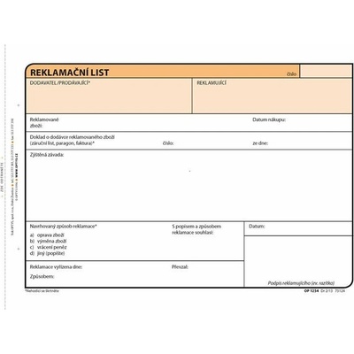 Optys 1254 reklamační list A5 NCR