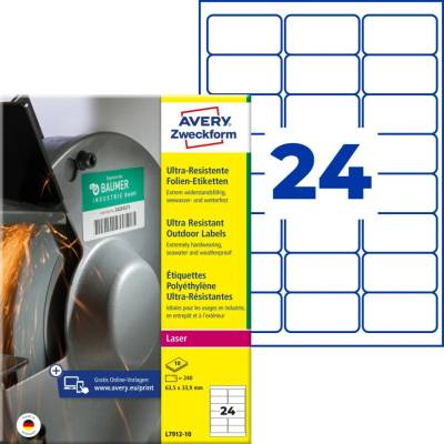 Avery Zweckform Etikety pro laser 10 listů A4 bílé 63,5 x 33,9 mm ultra odolné vůči počasí L7912-10