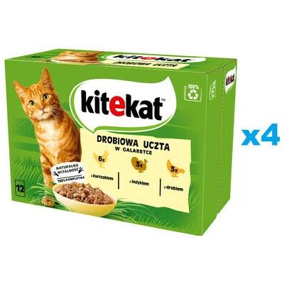KITEKAT Hydinové hody 48 x kompletné krmivo pre dospelé mačky s kuracím morčacím a hydinovým mäsom v želé 85 g