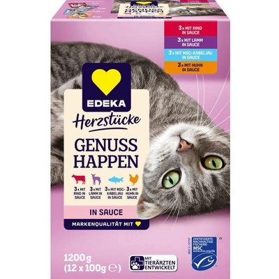 EDEKA Herzstücke Genuss Happen – kousky v omáčce pro kočky, 12 × 100 g