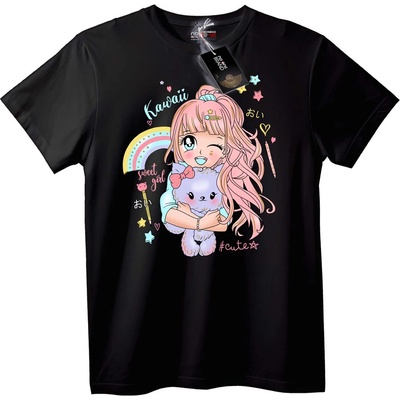 NOONEBRAND Тениска Kawaii аниме момиче с плюшена мечка - 3XL, Black