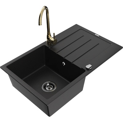 Mexen Bruno гранитна мивка с 1 корито с отцедник и кухненски смесител Telma, черен - 6513-77-670200-50-B (6513-77-670200-50-B)