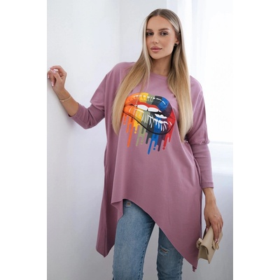 Oversize blouse with rainbow lip print navy pink ružová