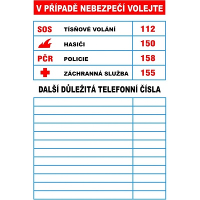 Walteco Důležitá telefonní čísla, 70x100mm, samolepka , 20173