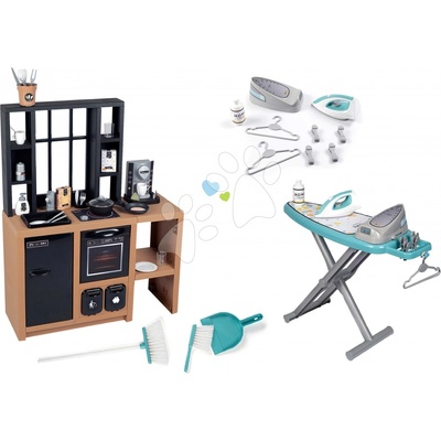 Smoby Set kuchynka moderná Loft Industrial a vysávač elektronický so žehliacou doskou a upratovacou súpravou