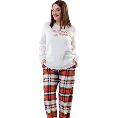 Дамска мека макси пижама в бяло с надпис и кариран десен