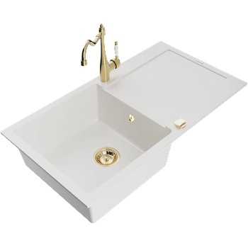 Mexen Leo гранитна кухненска мивка с 1 корито и отцедник и кухненски смесител Carla, бял - 6501-20-670700-50 (6501-20-670700-50)