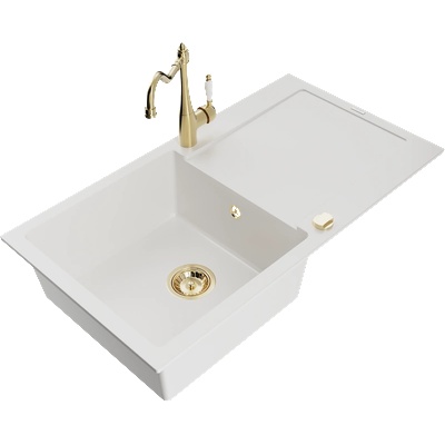 Mexen Leo гранитна кухненска мивка с 1 корито и отцедник и кухненски смесител Carla, бял - 6501-20-670700-50 (6501-20-670700-50)