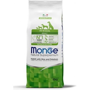 Monge Natural Superpremium All breeds Adult Monoprotein Rabbit with Rice and Potatoes - пълноценна суха храна за кучета в зряла възраст от всички породи със заешко, ориз и картофи - 12 кг, Италия - 1150