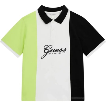 GUESS Трицветна тениска в бяло, черно и електрикаво с къс ръкав и яка за момче с надпис Guess