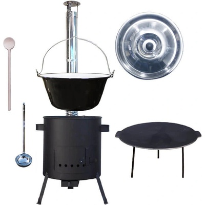 Perfect Home kotlík na guláš smalt 1,2 mm 20 l pánev litinová na grilování 45 cm vysoká žáruvzdorná kotlina 42 cm PLUS 600 nerezový kouřovod poklice nerez 46 cm vařečka