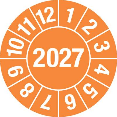 Kontrolná nálepka 2027, oranžový, samolepka, 25 mm, BJ = 5 x 15 ks