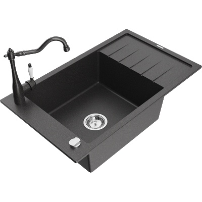 Mexen Elias кухненска мивка гранитна 1-камерна с отцедник и кухненски смесител Carla, черен с пръски - 6511-76-670700-76 (6511-76-670700-76)