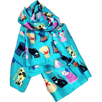 Classic Scarf šála s viskózou tyrkysová s barevnými kočkami a kočičkami