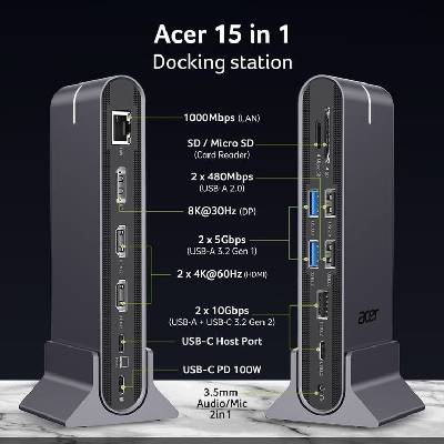 Acer Type C Universal docking station 15in1, 2 x HDMI 4K@60Hz, 1 x DP 8k@30Hz, 5 x USB A, 1 x USB C, 1 x RJ45, 1x SD /Micro SD, 1 x TF, 1 x Audio 3.5 (HP.DSCAB.022)