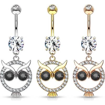 Šperky eshop piercing do pupíku z chirurgické oceli přívěsek sovička krystaly rhodiované W35.21 Stříbrná