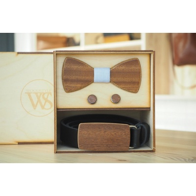 Wood Style Set Kulatý Třešeň opasek motýlek a manžetové knoflíčky Modrá se vzorem